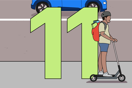 Illustration of number 11 and a person riding a scooter