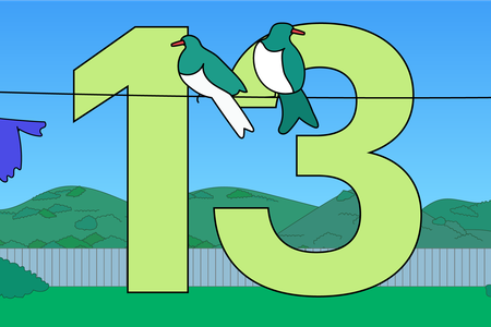 Illustration of number 13 and wood pigeons on a telephone wire