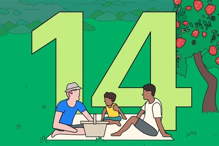 Illustration of number 14 and people having a picnic