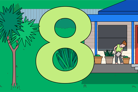 Illustration of number 8 and a person watering the plants on their porch