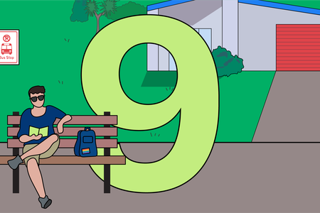 Illustration of number 9 and a person waiting at a bus stop