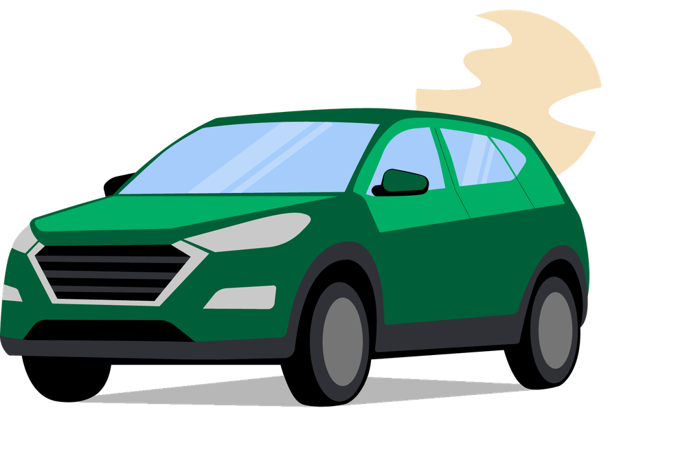 Illustration of a green car with white clouds and the sun