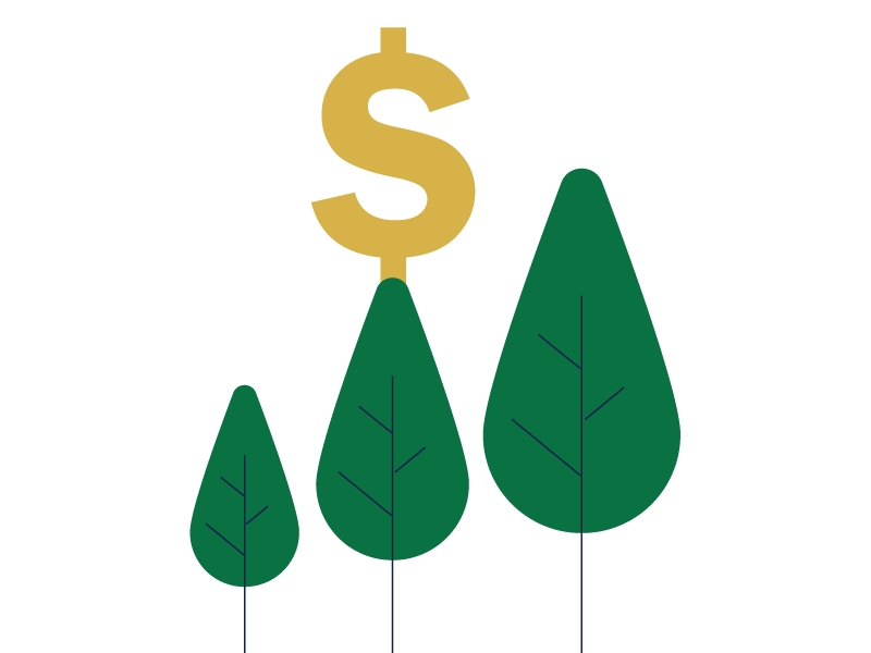 Illustrated dollar sign and group of growing green trees