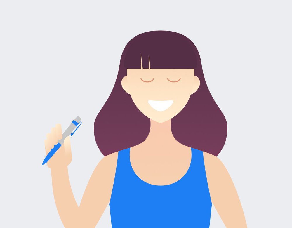 Illustration of a person smiling with a pen in hand