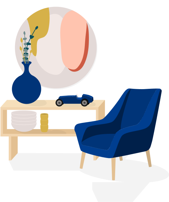 Illustration of a chair and side table with household items