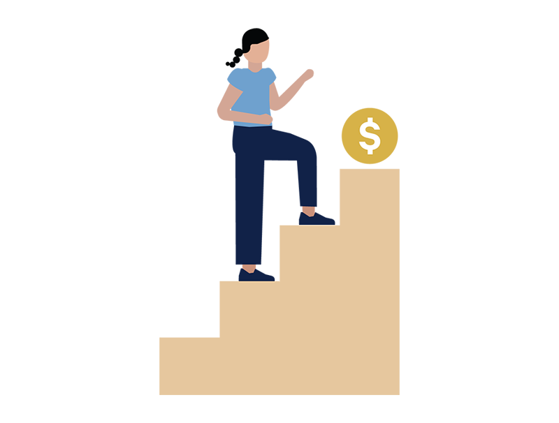 Illustration of a woman climbing up stairs to a coin