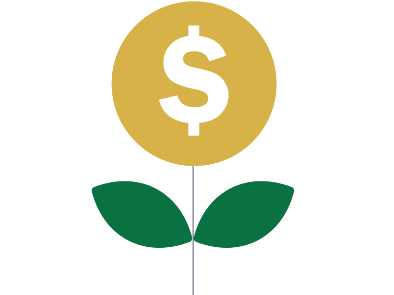Illustration of a dollar sign growing like a flower out of a stem with two leaves