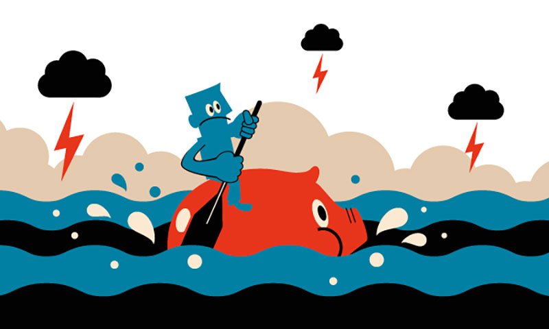 Illustration of a person riding a pig money box through stormy waters