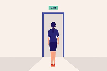 Illustration of an employee standing in front of exit door
