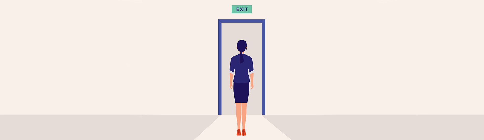 Illustration of employee standing in front of an exit door
