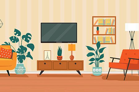Illustration of living room contents with TV and furniture