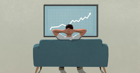 Illustration of a guy sitting on a couch watching investments on TV - social