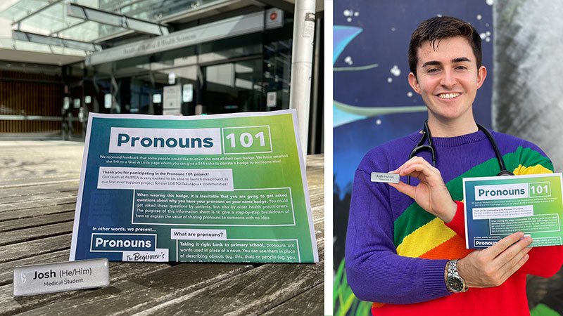 Josh McCormack holding up his pronouns 101 poster and name badge