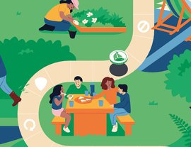 illustration of a group of friends sitting at a picnic table and a lady doing her gradening