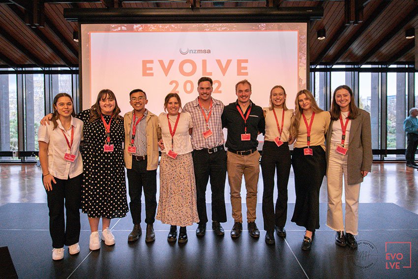 NZMSA conference co-conveners Michael Chim (third from left) and Sarina Towers (second from right) with their conference team