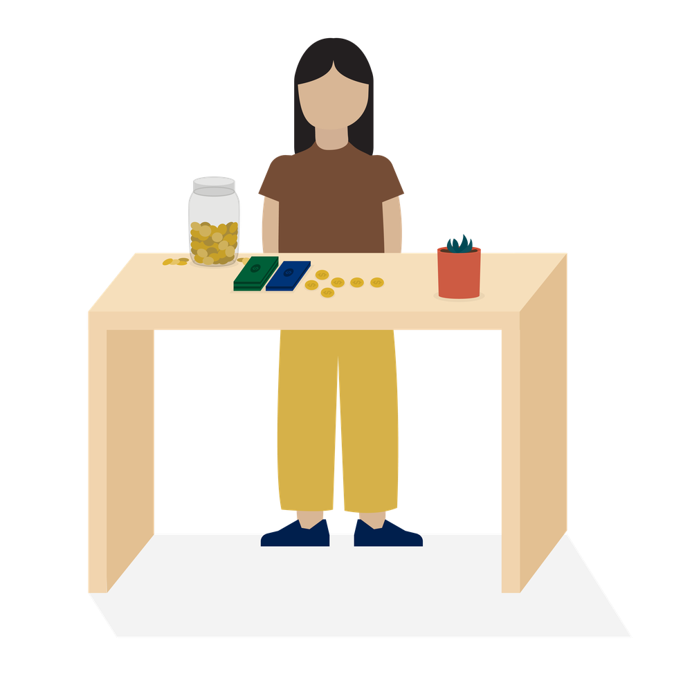 Illustration of a woman with multiple forms of money