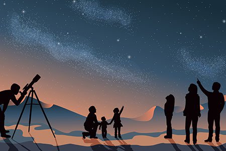 Silhouette of people looking at the stars in the sky