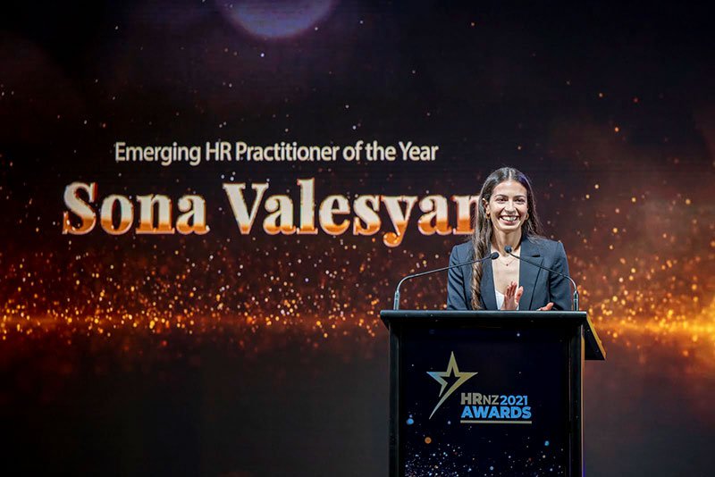 Sona Valesyan on stage at NZ HR Awards 2021