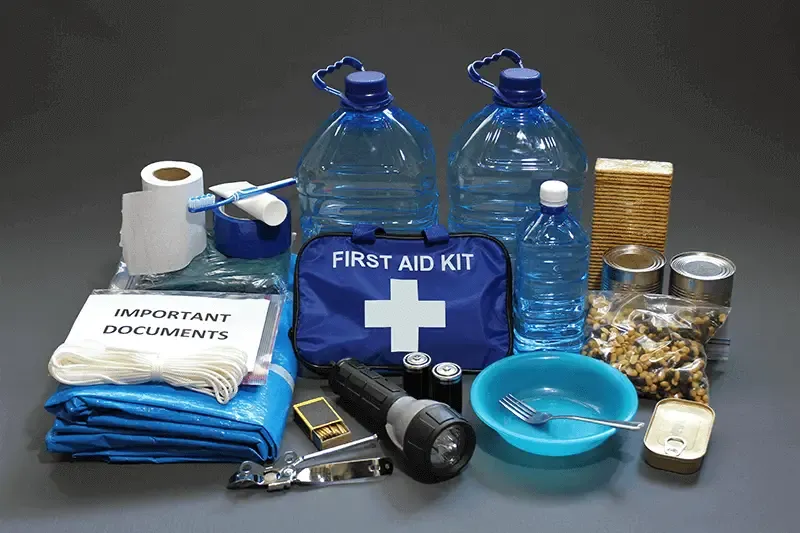 Stock pile of items required in a disaster emergency kit