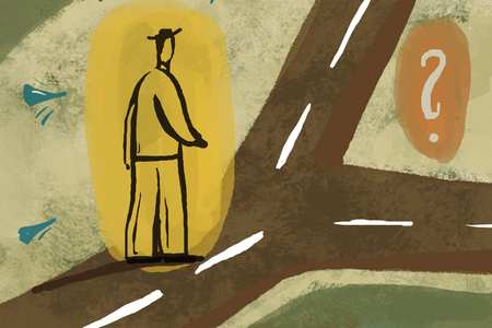 Animated person at a road junction decided what to choose