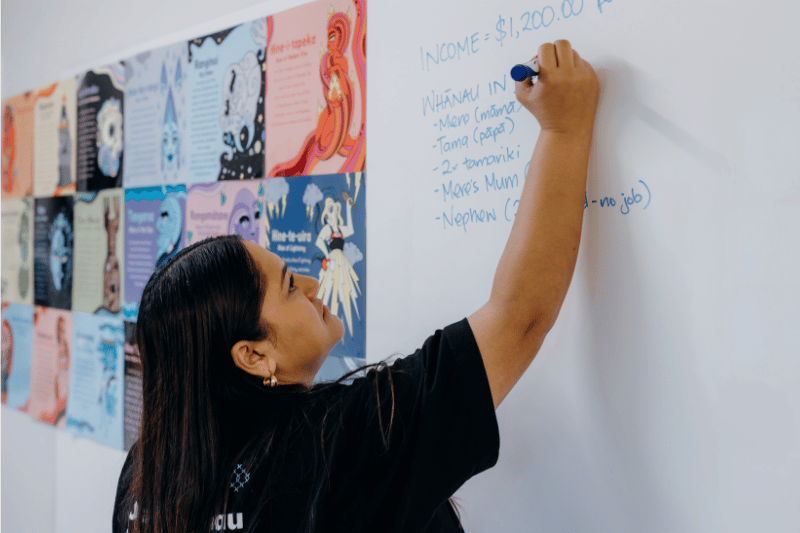 A lady writing on a whiteboard discussing income.