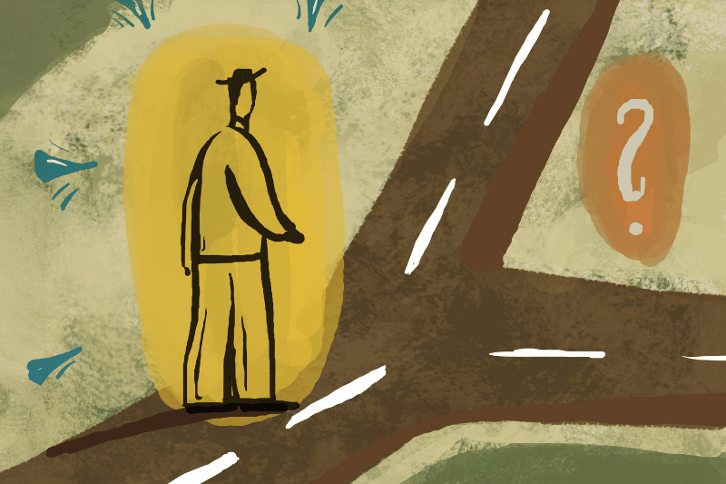 Animated person at a road junction decided what to choose
