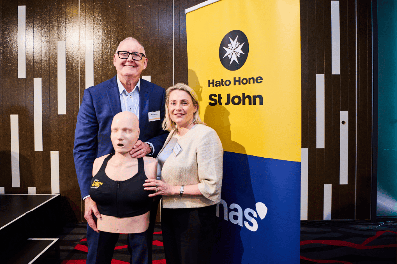 MAS and Hato Hone St John CEO's standing with female-form manikin