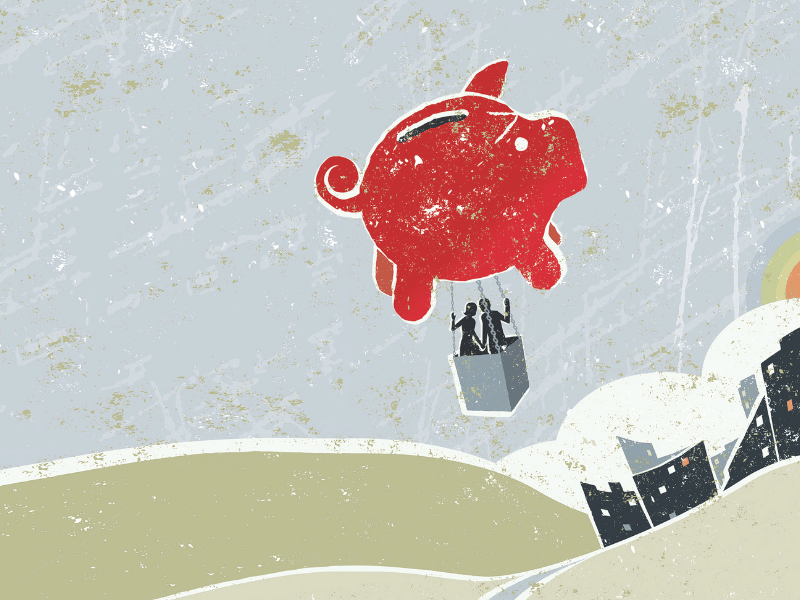 Piggy bank balloon carrying couple