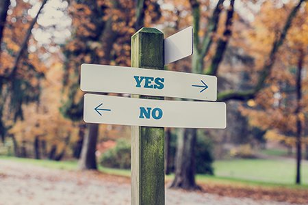 Way sign in a park with yes and no options