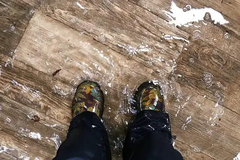Woman&#39;s Feet Wearing Waterproof Boots, Standing in a Flooded House with Vinyl Wood Floors.