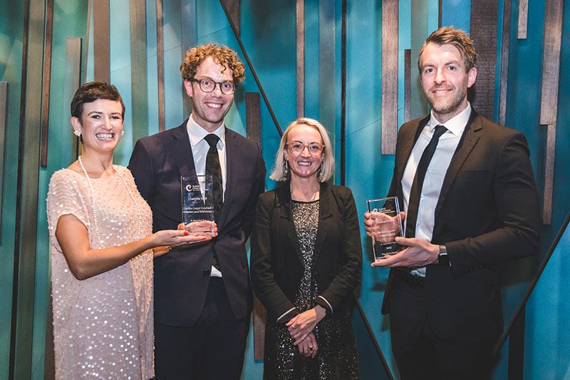 Young In-House Lawyer of the Year award winners from left to right Charlotte Moll, Senior Legal Counsel, Warren and Mahoney, Nick Mereu and Sarah-Jane Hickman, MAS Legal Counsel, Nathan Watt, Senor Lawyer, OceanaGold