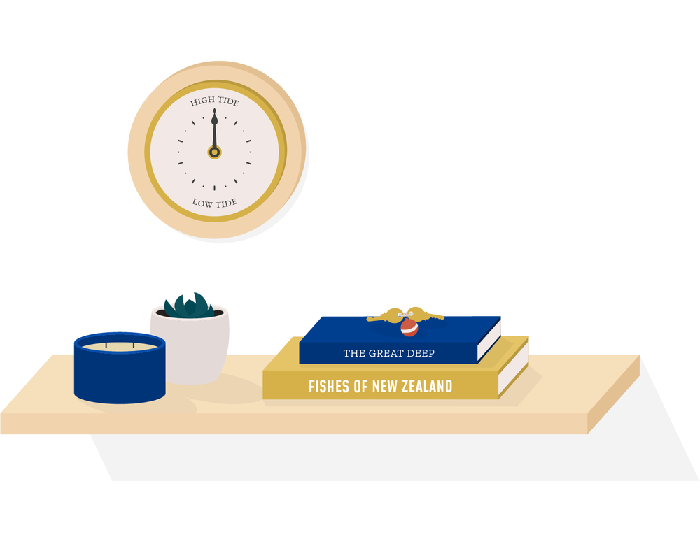 Illustration of a Tide Clock and boat keys resting on a shelf