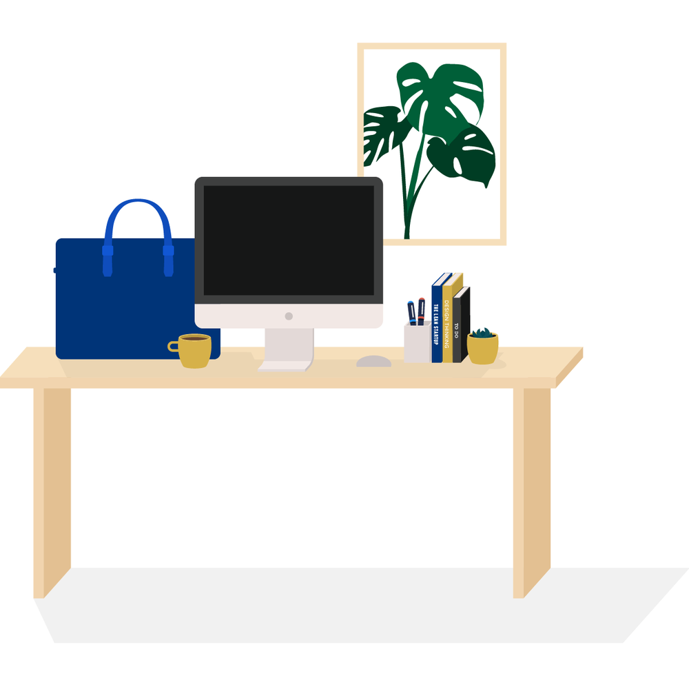 Illustration of a desk with a large computer and briefcase