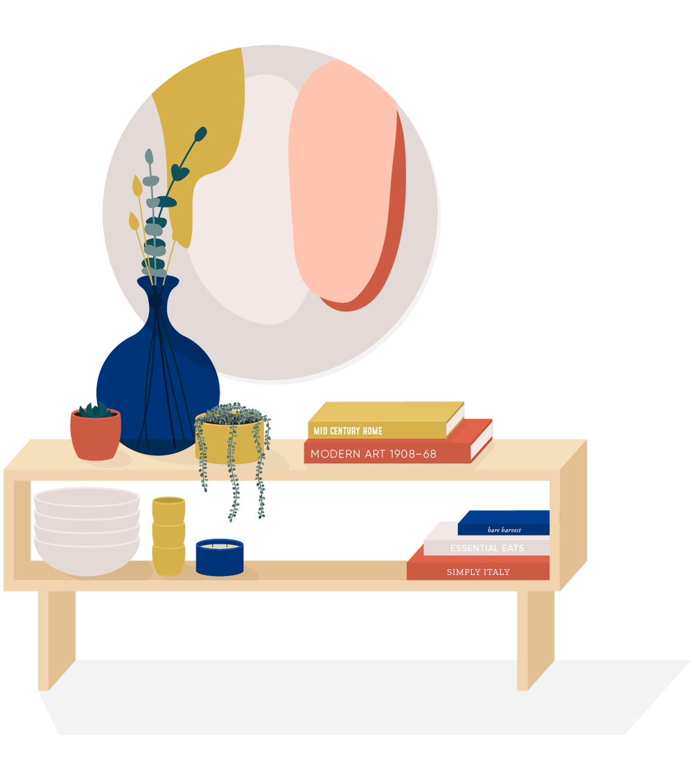 Illustration of a lounge scene with books and plants