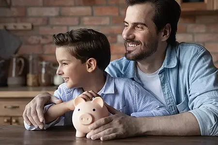 father with son piggy bank - listing