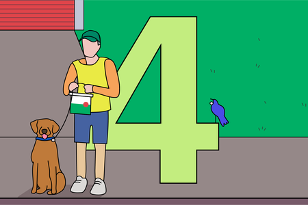 Illustration of number 4 and a person with a dog