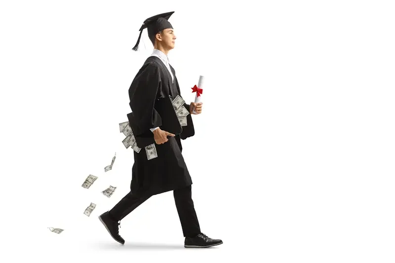 graduating student with money falling out of briefcase