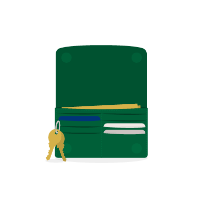 Illustration of an open wallet with cards and keys inside