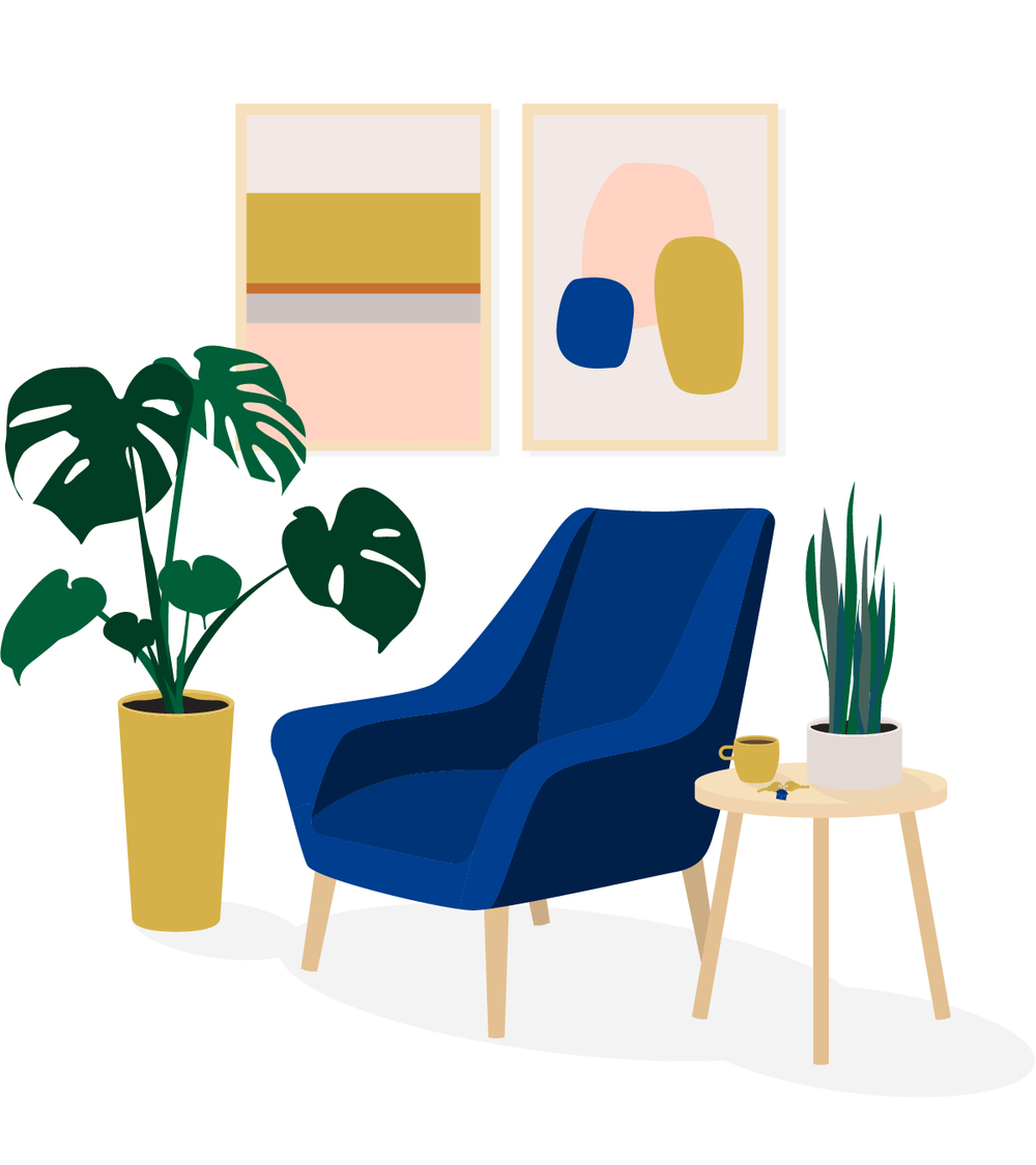 Illustration of a lounge scene with plants and paintings
