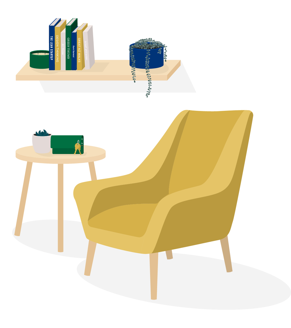 Illustration of a lounge scene with a yellow armchair