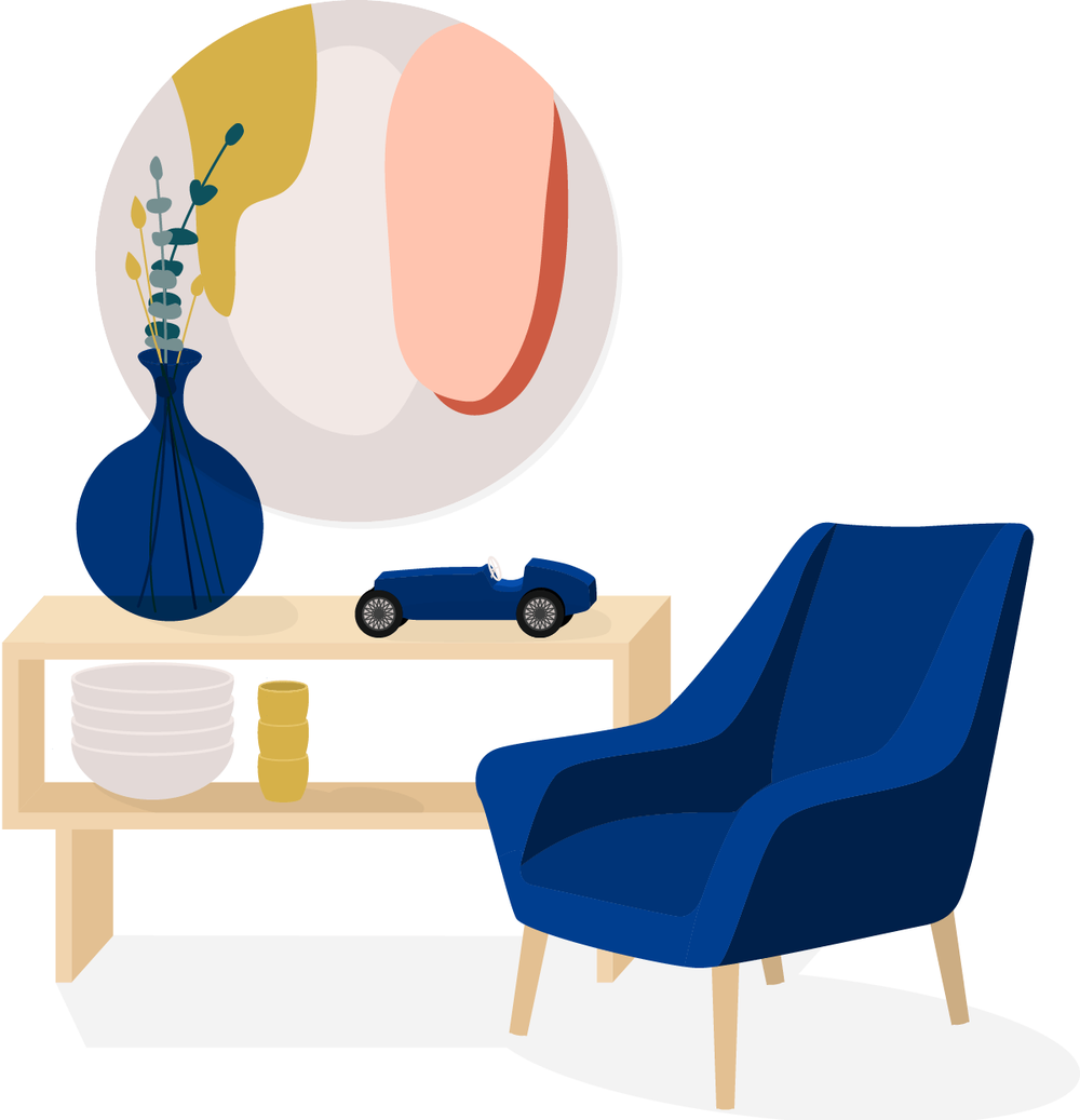 Illustration of a lounge scene with a blue armchair