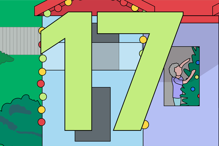 Illustration of number 17 and a person in their home decorating a Christmas tree