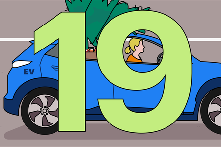 Illustration of number 19 and person driving a car with a Christmas tree on the roof