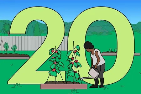 Illustration of number 20 and a person gardening