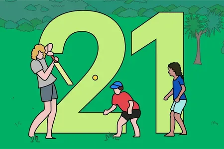 Illustration of number 21 and people playing cricket