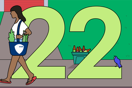 Illustration of number 22 and woman with MAS branded tote bag