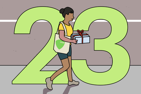 Illustration of number 23 with woman wearing MAS tote bag and holding a present