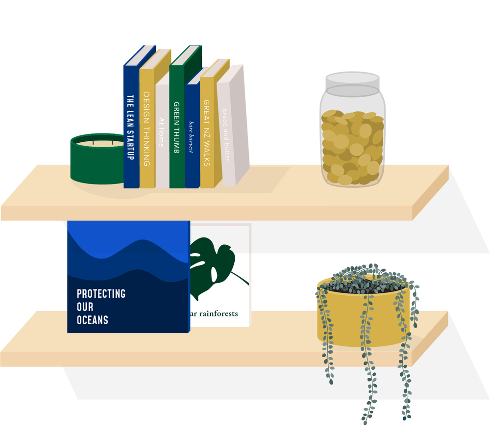 Illustration of shelves with books and plants