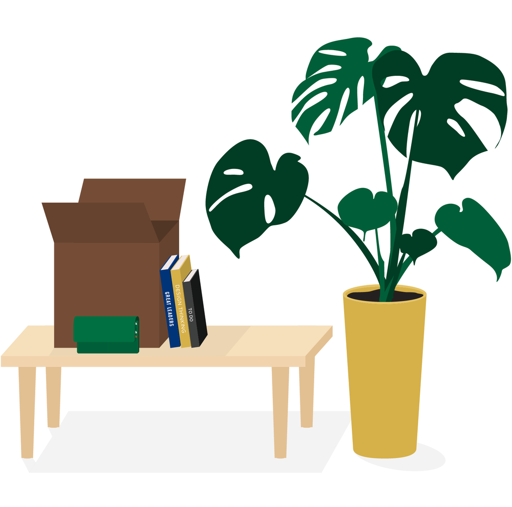 Illustration of a lounge scene with a table and plants