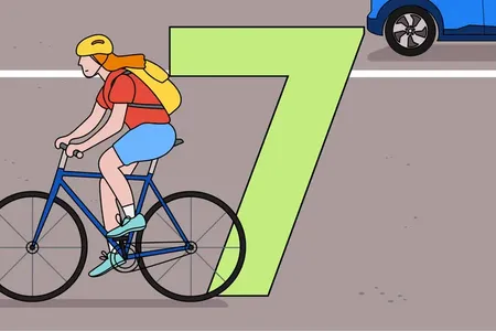 Illustration of number 7 with a woman riding a bike